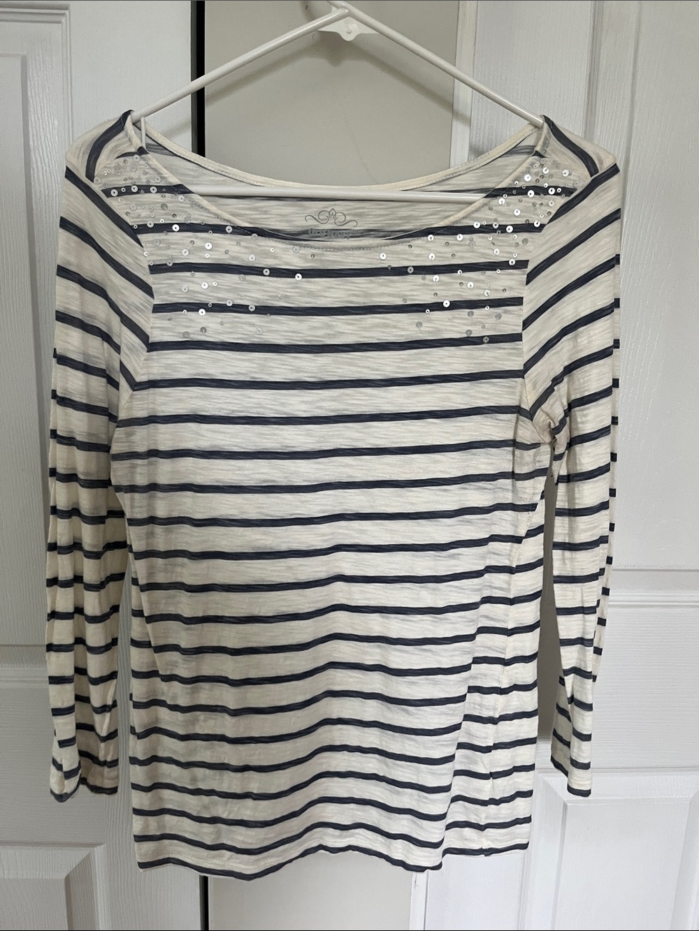 Old Navy Cream and Navy Striped Long-Sleeve Tee with Sequin Accent
